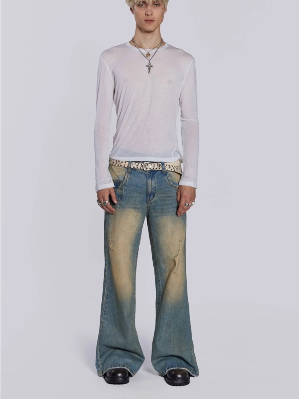 Jaded London Faded Light Blue Distressed Flare Jeans- Sand Wash Blaze